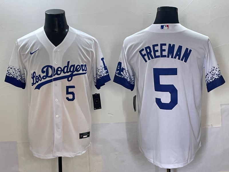 Men Los Angeles Dodgers #5 Freeman White blue City Edition Nike MLB Jersey style 3